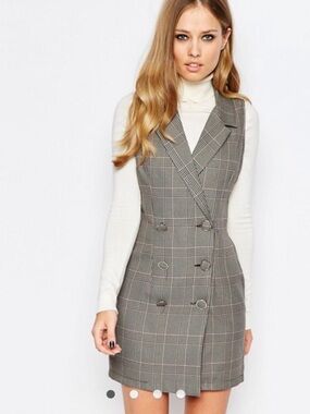 Plaid Double-Breasted Sleeveless Blazer Dress - Gray/Tan